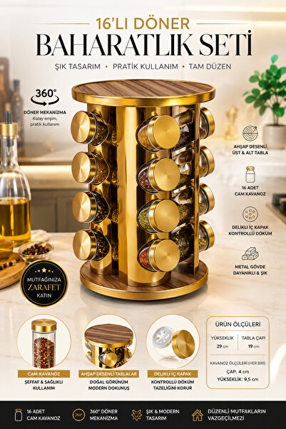 MAKRİ HOME 360 °   Rotating Gold Color Round Wooden Metal Stand 16-Piece Glas...