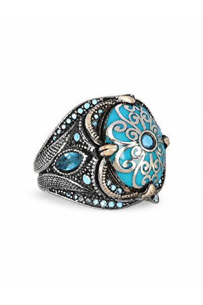 Mirari Jewelry Mine İşlemeli ve Firuze Taşlı Modern Erkek Yüzük | Premium 0,4...