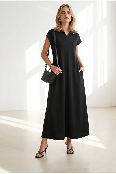 Olalook Women's Black Polo Collar Pocketed Modal Buttoned Flowy Dress Elb-190...