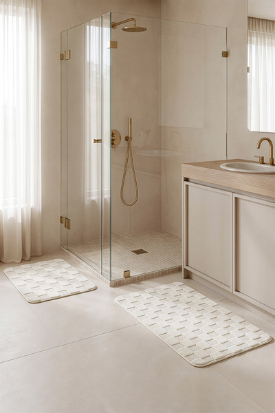 Koza Home Evra Square Textured Embossed Soft Cream Non-Slip Bath Mat 60 X 100