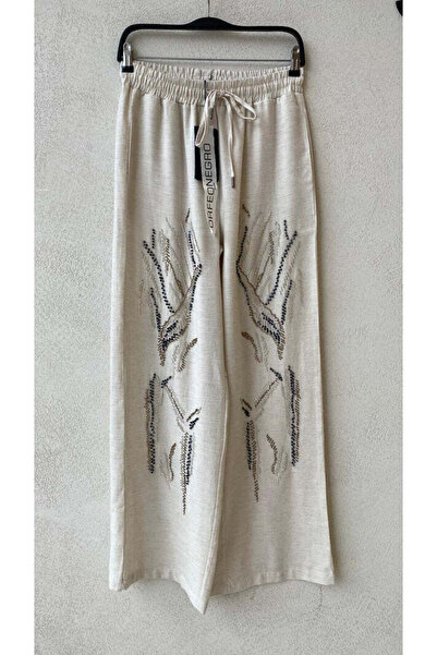 Orfeo Negro Cream Plant Motif Stone Embroidered Elastic Waist Wide Leg Trousers