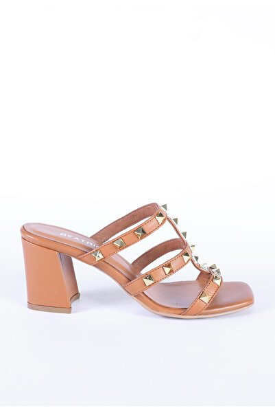 Hayati Arman Women's Genuine Leather Blunt Toe Stone Detailed Thick Heeled Sl...
