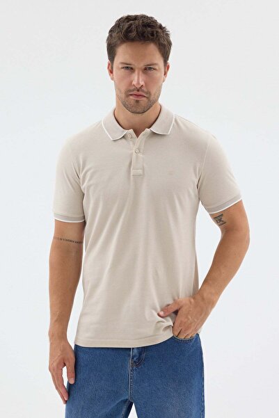 İmza Light Beige Polo Collar Pique Short Sleeve Slim Fit 100% Cotton T-Shirt ...