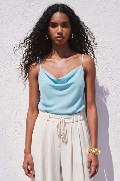 Sateen Strappy Collared Blouse - Baby Blue