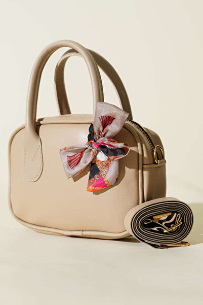 Morlex Beige Mini Hand & Shoulder Bag – Faux Leather with Scarf Detail