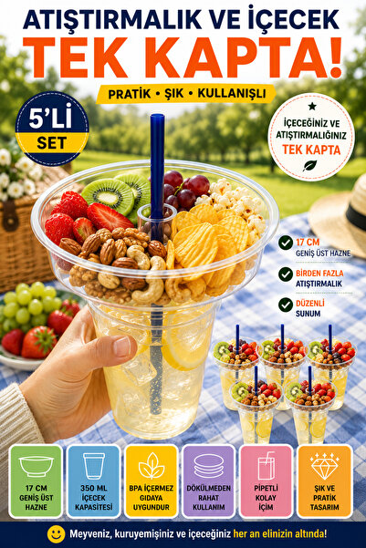 Open Home Concept 5'li Set Atıştırmalık Hazneli Bardak 350 ml Pipetli PET Pik...