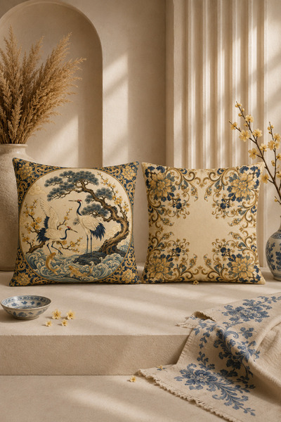 PilloveDream Royal Gold Stork Patterned Special Collection Gift Digital Printed 4-Piece Throw Pillow Cover