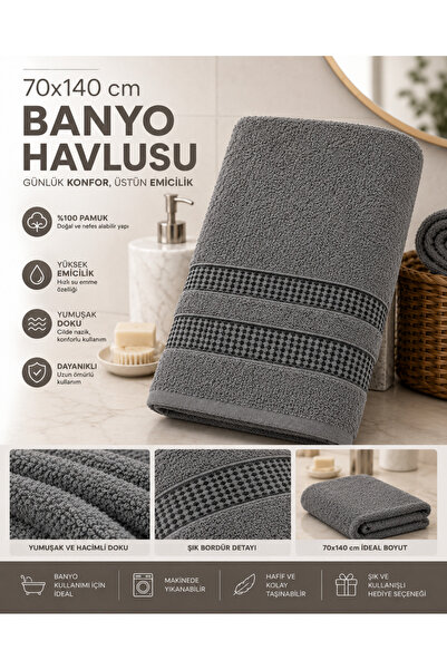 nnevora Antrasit Gri 70x140 Banyo Havlusu Pamuklu Yumuşak Dokulu Şık Bordürlü...