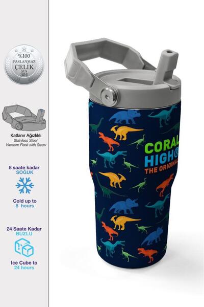Coral High Navy Blue Dinosaur Patterned Steel Thermos with Folding Spout 600m...