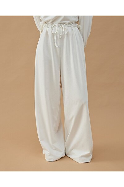 Aybikestil Cotton İki İplik Wide Leg Bol Eşofman Altı Ekru