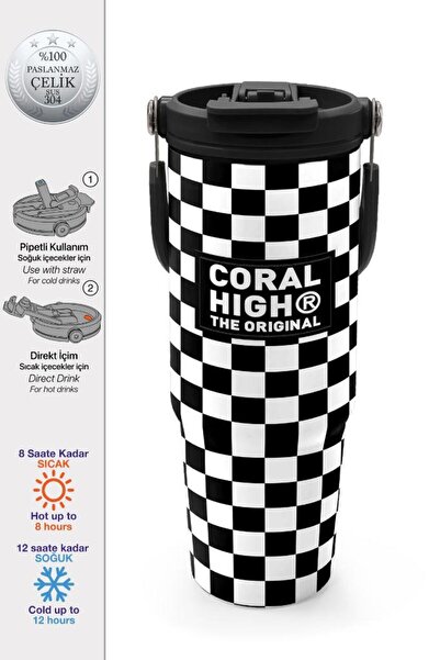 Coral High Siyah Beyaz Dama Desenli Pipetli ve Direkt İçim Çelik Termos 900 m...