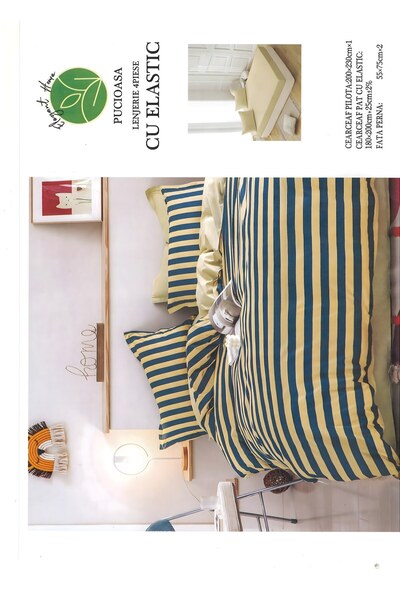 naniland.ro Lenjerie de Pat Bumbac Satinat 2 Persoane 4 Piese cu Elastic 180x...