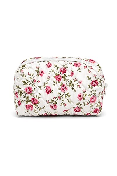 SHAKA Red Floral Patterned Shk114 Quilted Zippered Makeup Bag