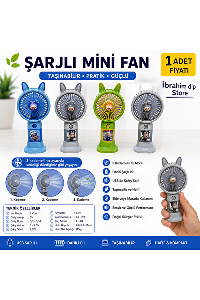 İbrahim Dip Store Şarjlı Mini El Vantilatörü 3 Kademeli USB Şarjlı Taşınabili...