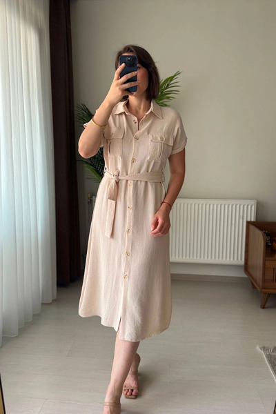 Kubos Moda Short Sleeve Shirt Collar Pocket Belted Beige Dress