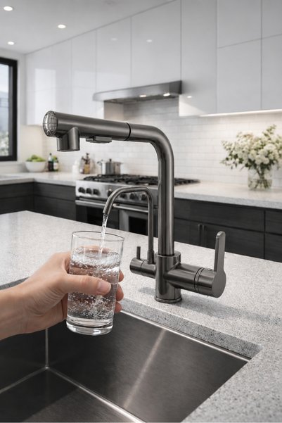 RENA DESIGN Anthracite Polished Spiral 2-Mode Head L Pipe Kitchen Sink Faucet Brass Fitting Tap