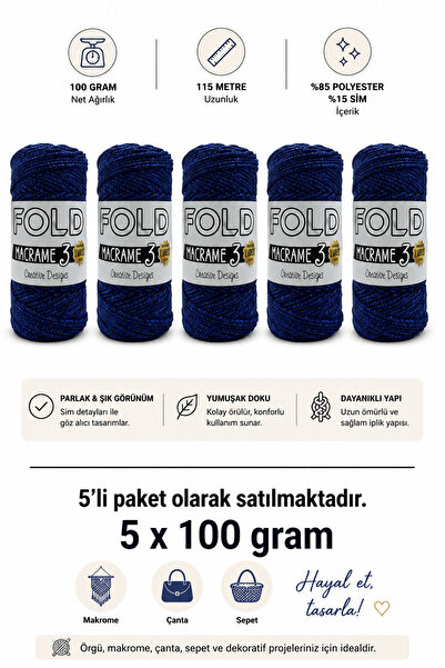 BD fold yarn Simli Polyester Makrome No.3 100 Gr - 115 M - 1 Mm Kalınlık Örgü...