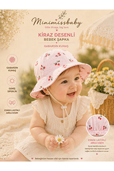 Minimissbaby Pink Cherry Patterned Gabardine Baby Girl Hat