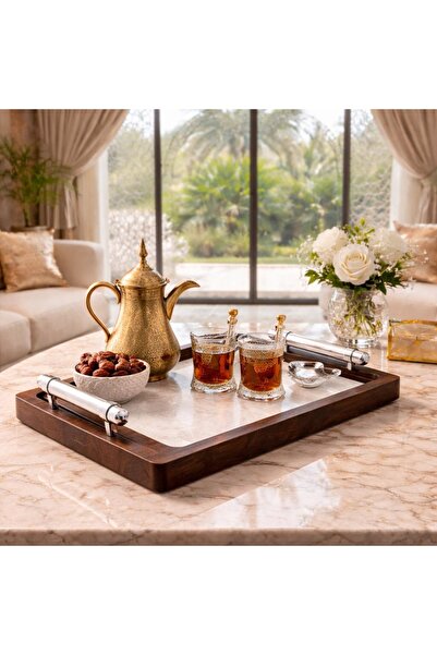 laverahome Luxury Wooden Serving Tray with Marble Texture and Chrome Handles ...