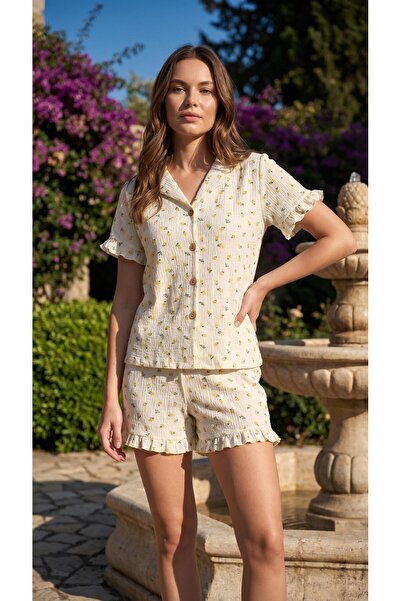 brz braazi Bürümcük Knitted Short Sleeve Women's Buttoned Shorts Set