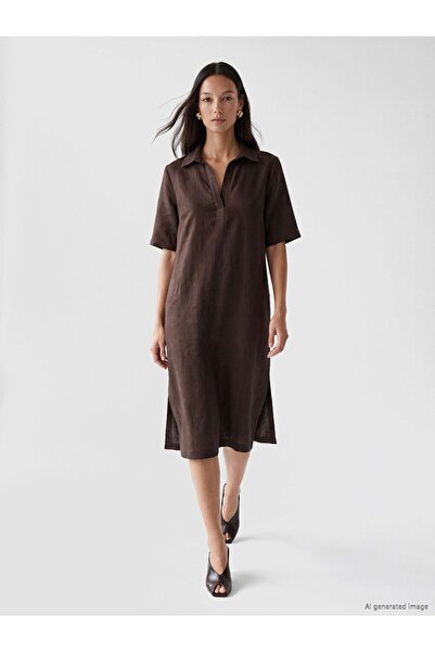 LC Waikiki Lcw Everyday Brown Shirt Collar 100% Linen Dress