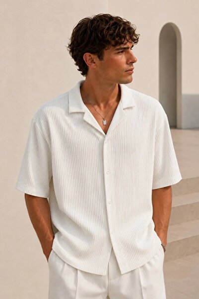 MADZEYMODA Men's Ribbed Short Sleeve Ecru Shirt Ls-19192