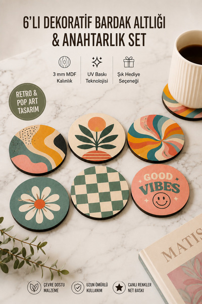 HERALDİS Set of 6 Wooden Uv Printed Coasters Premium Design