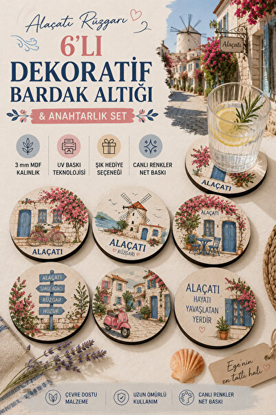 HERALDİS Set of 6 Wooden Uv Printed Coasters for Decoration