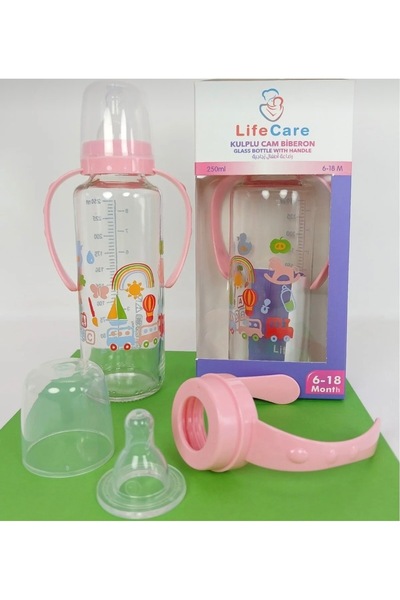 Genel Markalar Pembe Kulplu cam Biberon 250ml, sağlıklı ve şık tasarım