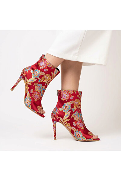 Letafia Valley Ethnic Pattern Open Toe Boots with Back Zipper Detail