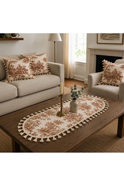 Luxoras Home Fransız Köylü Desenli Duck Kumaş 30x80 Püsküllü Oval Runner