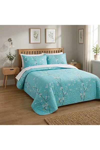 GOOD MORNİNG PAMUKKALE Double Size Water Green Branch Pattern Quilted Bedspread