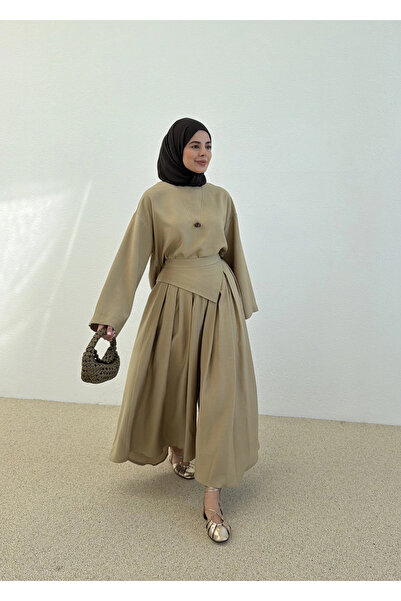 MODA AKSA 2415 KETEN ETEK PANTOLON yaprak sarı
