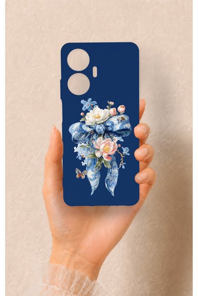 Vip Case Realme C55 Compatible Blue Ribbon Flower Pattern Silicone Case