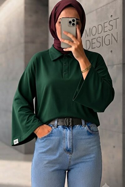 onlymoon Polo Yaka Geniş Kol Penye Body Kadın Tesettür Bluz Oversize Uzun Kol...