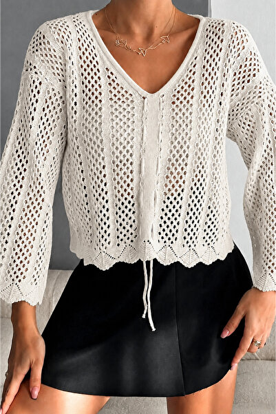 TRAFFOO CLUB Women's Openwork Knitwear V-Neck Crop Blouse with Drawstring Detail
