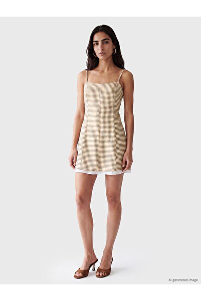 LC Waikiki Lcw Vision Beige U-Neck Plaid Rope Strap Mini Dress