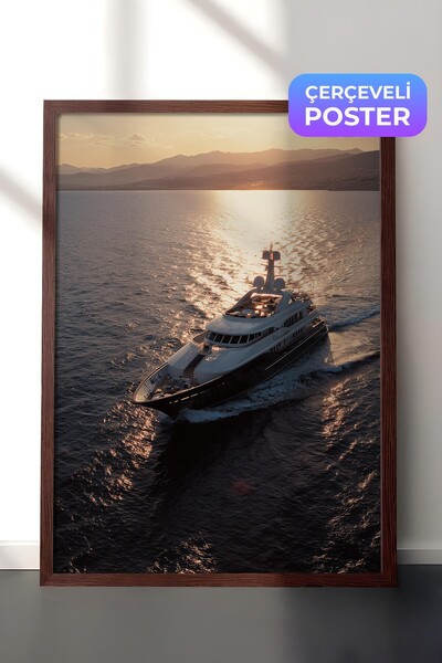 Postifull Yacht and Sunset Poster, Brown Framed Poster, Old Money Series, No:...