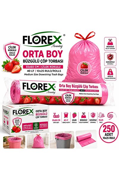 Florex Strawberry Scented Drawstring Garbage Bag Medium Size 55X60 Cm/ 40 Lt ...