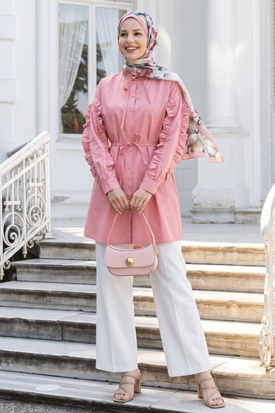 InStyle Fırfır Kol Kuşaklı Pembe Tunik