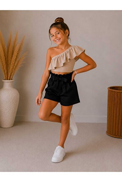 BEBEĞİME ÇORAP Girls' Ruffle Sleeve Blouse and Linen Shorts Top and Bottom Set