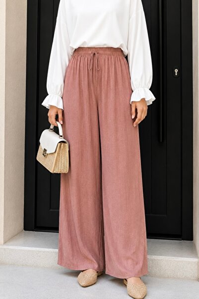 İmajButik Παντελόνι σολομόν με ελαστική μέση και φαρδιά μπατζάκια