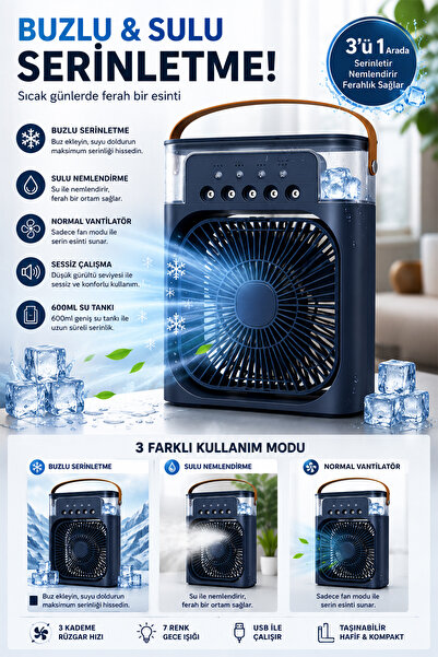 Happy Owl Masaüstü Mini Klima Fanı Buzlu Sulu Soğutucu Vantilatör 600 ML Su Hazneli 5 Nozullu Sessiz USB Şarjlı Taşınabilir Hava Soğutucu