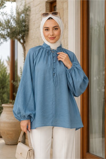 SADEL Oversize Astarlı Yakası Bağlamalı Tül Bluz - Petrol