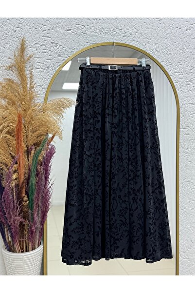 MİHRA STORE Ülkü Lined Belted Organized Flocked Pattern Skirt-Ek752.1 Black