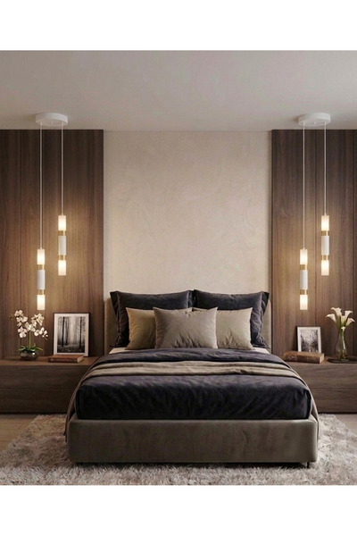 N Naturel Aydınlatma Minimalist Tasarım Beyaz Gold Detaylı 2li Sarkıt Komodin...