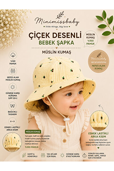 Minimissbaby Yellow Crispy Floral 2-Layer Muslin Baby Girl Summer Hat