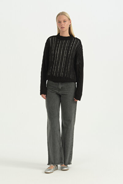 Nihan Oversize Knitted Detailed Cotton Tunic - Black