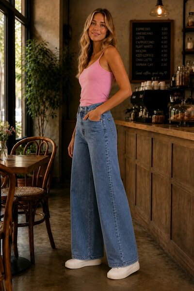 hies Bol Paça Jeans, High Waist Stretchy Soft Fabric Palazzo Jeans - Dark Blue