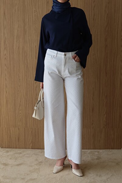 QUWİQ Women's High Waist Stoned Palazzo Jeans